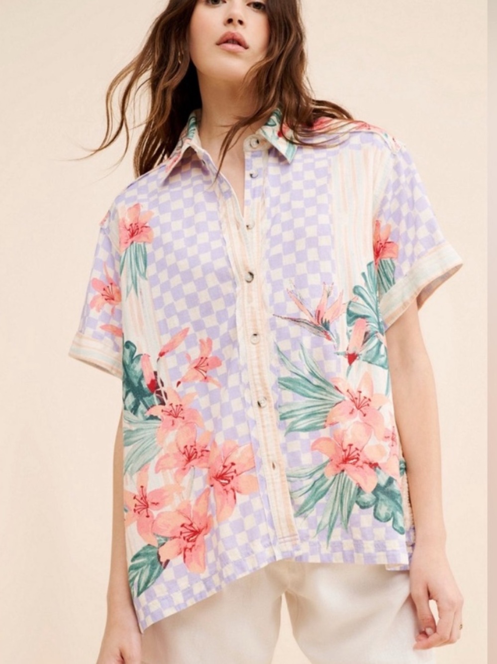 We The Free People Retro Tropics SS Button Down Shirt Medium floral checkered